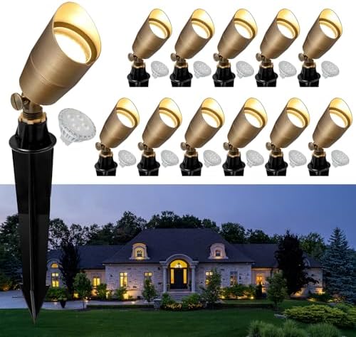 GKOLED Solid Brass Low Voltage Compact Spotlight, 12V AC/DC Waterproof Outdoor Landscape Spot Lights for House Trees Garden Yard Lawn, Up Light with 5W 2700K MR16 Bulb, Stake Included, 12 Pack by GKOLED
