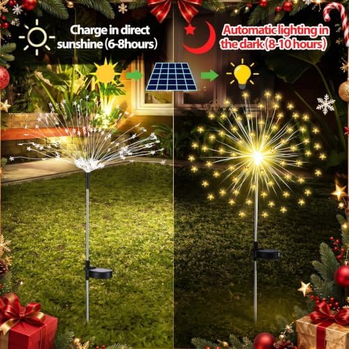 Tujoe 4 Pcs Pentagram Solar Firework Lights Decorations Garden Pathway Solar Power Light Stake Waterproof with 90 LED 8 Modes Star Firework Lights Decoration for Outside Decor, Warm White - Image 4