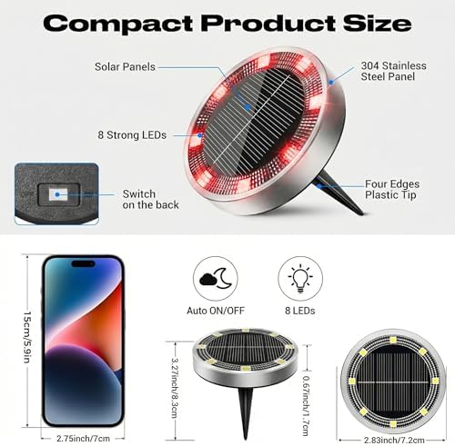Peasur Mini Solar Ground Lights Outdoor, 8 Pack Flat Solar Powered Disc Lights, IP68 Waterproof, Anti-Rust, Landscape Lighting for Pathway Garden Yard Lawn Walkway Landscape Driveway, Red - Image 5
