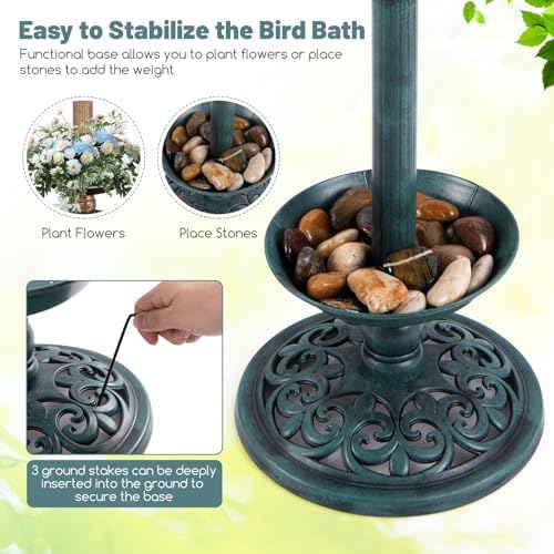 GIANTEX Bird Bath for Outside, 30 inch Solar Lighted Bird Bath and Feeder with Flower Planter, Lotus Leaf Water Bowl, 3 Stakes, Vintage Birdbath Outdoor Decoration for Garden Yard Lawn Patio (Green) - Image 4