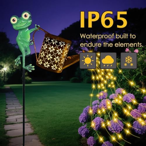 Solar Watering Can with Cascading Lights Outdoor Garden Decor, Frog Shaped Hook Gardening Gifts for Mom Women Grandma Birthday, Solar Lights for Garden Decorations Patio Yard Lawn Backyard - Image 2