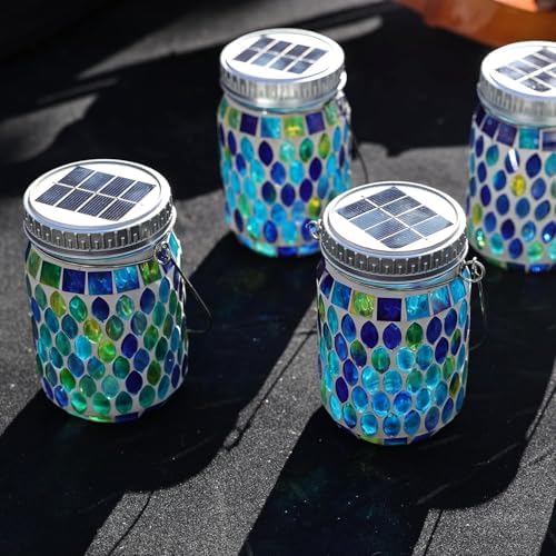Cooo 4 Pack Mosaic Solar Lantern and 2 Pack Heavy Iridescent Crackle Glass Solar Lantern - Image 4