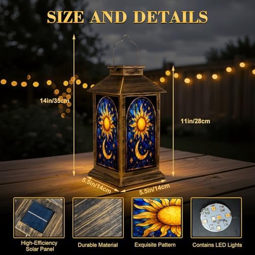 Solar Lantern Outdoor Waterproof Sun Moon Stained Glass Effect Art Stars Deep Blue Gold Garden Decor LED Hanging Solar Lights Tabletop Lamp Gifts for Women Mom Outside Yard Patio Porch - Image 2