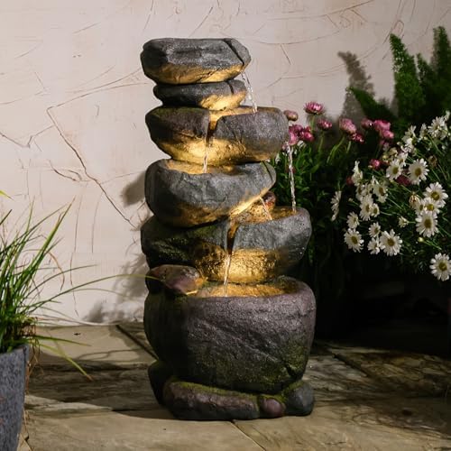 Bumilgar 27.8" H Outdoor Water Fountain with LED Lights, 5-Tier Cascading Stone Waterfall Fountain, Natural Rock Resin Outdoor Water Fountain for Garden Patio Backyard Porch Indoor Decor by Bumilgar
