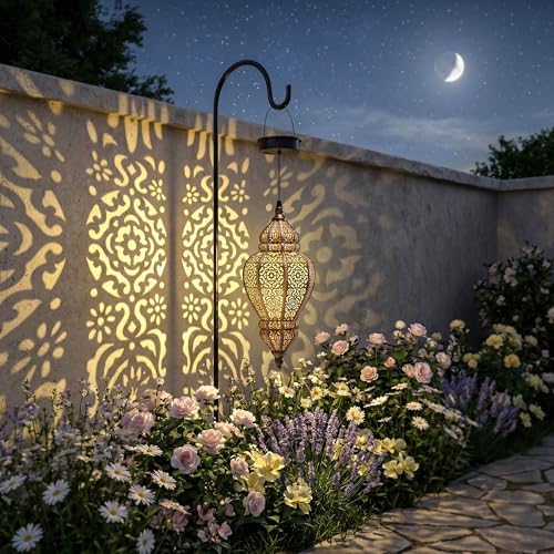 Hapjoy Moroccan Hanging Solar Lights Outdoor Lantern Bidirectional Availabili Garden Decor Waterproof Plastic Gold Decorations for Patio Pathway Yard Backyard Solar Powered Garden Decorative (2, gold) - Image 3