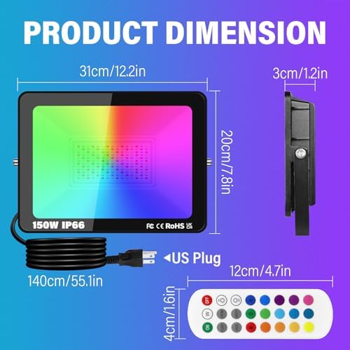 RIGIDON 2 Pack 150W Smart RGB LED Floodlight Outdoor with Plug, APP Control - Image 2