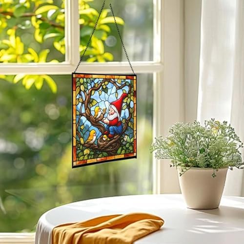 Gnome with Baby Birds Stained Glass Suncatcher – Square Hanging Window Panel for Home, Garden, Nursery, Halloween, Christmas, Memorial Day – Whimsical Glass Art Gift for Gnome Lovers n0kdzi - Image 3
