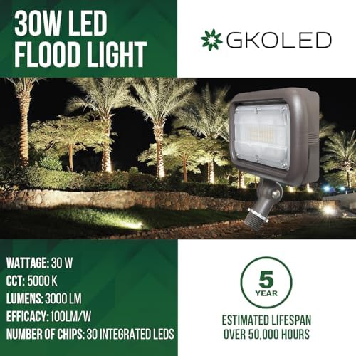 GKOLED 30W LED Floodlight, Outdoor Security Fixture, Waterproof, 100W PSMH Replace, 3000 Lumens, 5000K Daylight White, 70CRI, 1/2" Adjustable Knuckle Mount, UL-Listed - Image 5