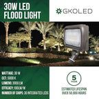 GKOLED 30W LED Floodlight, Outdoor Security Fixture, Waterproof, 100W PSMH Replace, 3000 Lumens, 5000K Daylight White, 70CRI, 1/2" Adjustable Knuckle Mount, UL-Listed - Image 5