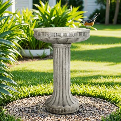 SunJet 24” H x 16” Dia Outdoor Birdbath with Classical Pedestal - Fibre Reinforced Concrete Birdbaths, Vintage Design for Garden Decor & Bird Attraction by SunJet