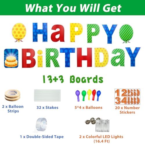 ComboJoy 16 Pcs Happy Birthday Yard Sign with Stakes, Personalized Age Plastic Signs with LED Lights, 20 Number Stickers & Colorful Letters, Weatherproof Birthday Decorations for Indoor & Outdoor Lawn - Image 2