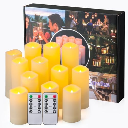 12-Pack Flameless LED Candles with Remote & Timer, 4 Sizes (3.9" to 6.9"), Waterproof Outdoor Pillar Candles, Realistic Flame & Steady Light Modes for Wedding, Patio, Party by Unknown