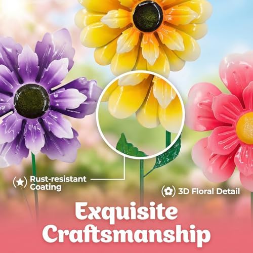 3pcs 18inch Metal Flower Decorative Garden Stakes & Wind Spinner for Outdoor, Colorful Yard Art Garden Decorations for Outside Lawn Porch Pathway Patio. - Image 4