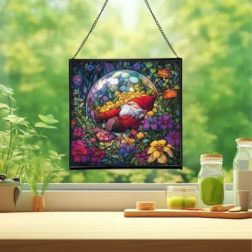 Floating Bubble Nest Gnome Stained Glass Suncatcher – Square Hanging Window Panel for Home or Greenhouse – Whimsical Glass Art Gift for Garden Lovers, Christmas, Halloween, Father Days LGtTkD - Image 2
