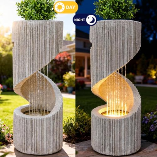 30" H Outdoor Water Fountain with LED Light, S-Shaped Modern Curved Outdoor Fountain, Spiral Column Fountain, Decorative Waterfall Feature with Flat Top Plant Display for Garden, Patio Decor - Image 5