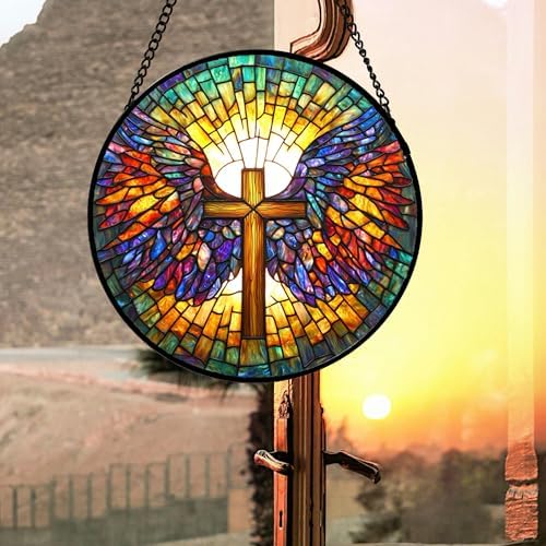 Christian Cross Wings Stained Glass Window Hanging Suncatcher Gifts 15" - Image 2