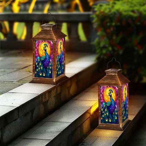 Solar Lantern Peacock Stained Glass Vibrant Blue Feathers Golden Mosaic Halo Outdoor Waterproof Hanging Solar Light Outside Lights for Patio Yard House Lawn Decor Birthday Gifts for Women Mom - Image 6