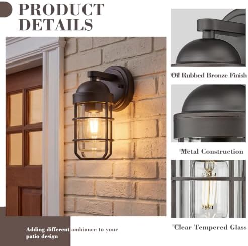 Emliviar Farmhouse Outdoor Wall Sconces, 2 Pack Vintage Exterior Light Fixtures with Nautical Metal Cage and Tempered Glass, Oil Rubbed Bronze Finish, GE255B-2PK ORB - Image 2