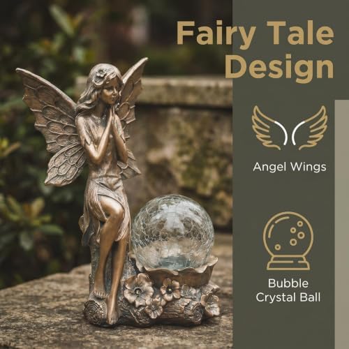 Solar Fairy Outdoor Statues with LED Crackle Glass Ball Garden Decor, Resin Fairy Sculpture & Statue for Patio, Yard, Lawn Decoration, Copper Bronze Angel Statues with Solar Flower Lights Accessories - Image 6