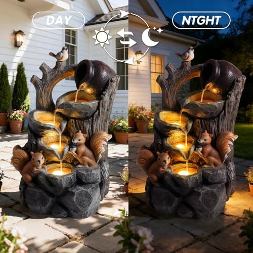 Wechoice 4-Tiers Cascading Rock Outdoor Water Fountain with LED Lights - Squirrel Outdoor Fountains and Waterfalls for Garden, Patio, Yard Deck Decor, Featuring Natural Stone Look, 30.1" Tall - Image 5
