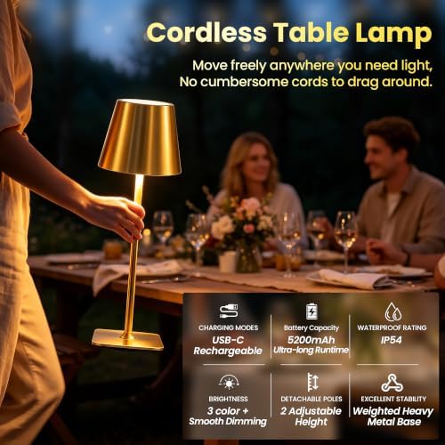 Waterproof Outdoor Rechargeable Cordless Set of 2 Table Lamp with Wicker Shade, Battery Operated Portable Table Light with Adjustable Height Pole, for Patio Restaurant Kitchen (Gold 2 Pack) - Image 5
