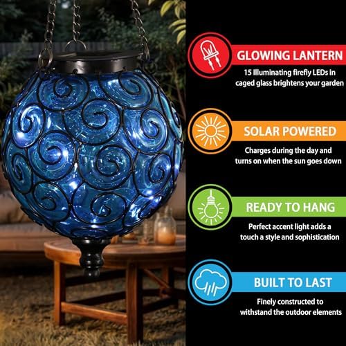 Solar Hanging Lantern Outdoor Garden Lights, Round Glass and Metal Hanging Lantern, 15 Firefly LED Lights, 7 x 20 Inch (Blue) - Image 3