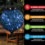 Solar Hanging Lantern Outdoor Garden Lights, Round Glass and Metal Hanging Lantern, 15 Firefly LED Lights, 7 x 20 Inch (Blue) - Image 3
