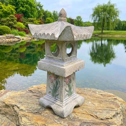Asian Orchid Pagoda Stone Lantern Statue 23.6”H Zen Japanese Garden Decor - Image 6
