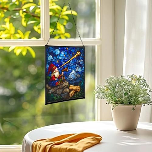 Gnome Stargazing Stained Glass Suncatcher – Square Hanging Window Panel for Home, Garden, Nursery, Halloween, Christmas, Memorial Day – Whimsical Glass Art Gift for Gnome Lovers pdylcp - Image 3