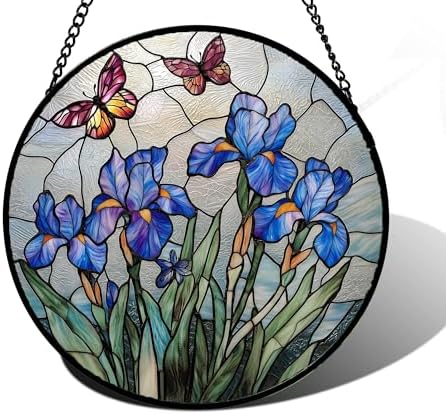 Purple Iris Butterfly Stained Glass Window Hanging Suncatcher Gifts 15" by DASTOLL