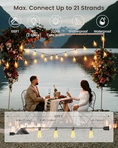 OHLUX Outdoor String Lights 100FT, Dimmable Patio Lights with 42 Shatterproof LED ST38 Vintage Edison Bulbs, 2200K Warm Connectable Hanging Lights for Outside Deck Porch Bistro Gazebos Balcony Garden - Image 2