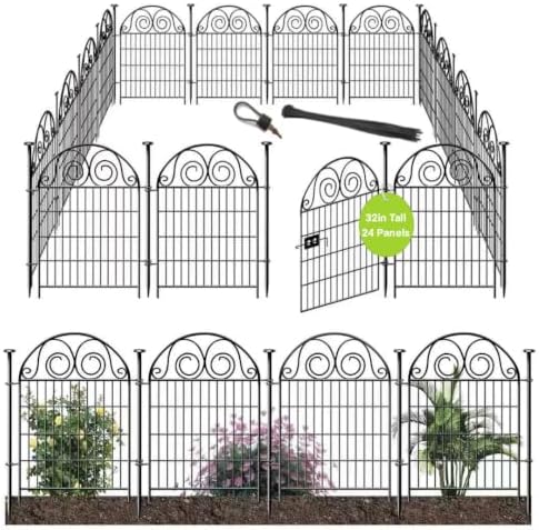 Getlay Dog Fence Outdoor for Yard, 32 Inch(H) 24 Panels Total Length 52.5 Ft(L) Pet Fence, Black Metal Animal Barrier Fencing，Reusable Decorative Fences for Garden │Patented by Getlaygardenfence