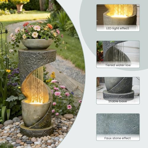 Tiered Outdoor Water Fountain, Modern Spiral Cascading Waterfall Fountain with Planter, Freestanding Resin Indoor Water Feature for Room, Garden, Patio, Deck, 31.5"H with Light Stone-Texture - Image 3