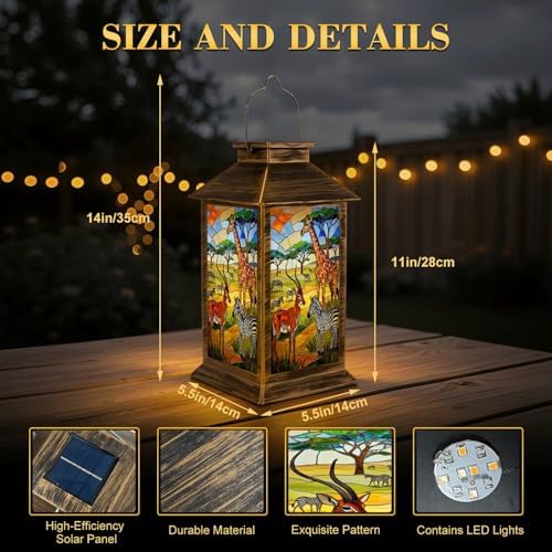 Solar Lantern Outdoor Waterproof African Savanna Wildlife Stained Glass Giraffe Zebra Antelope Garden Decor LED Hanging Solar Lights Tabletop Lamp Gifts for Women Mom Outside Yard Patio Porch - Image 2