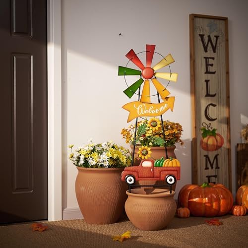 TERESA'S COLLECTIONS Fall Outdoor Decor, Wind Spinners Yard Stakes, Metal Pumpkin Fall Garden Decorations, Thanksgiving Welcome Sign, Rustic Autumn Sunflower Decor for Lawn Patio, 35" - Image 5