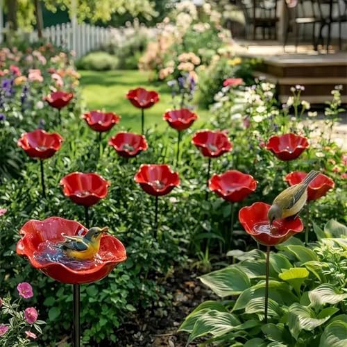 Dots Bee Blossoms for Water, 2PCS Poppy Bird Bath Stake, Outdoor Pollinator Handmade Metal Flower Garden Stake, Mini Bird Bath & Bee Watering Station for Outdoor Garden Courtyard Decor (Red) - Image 5