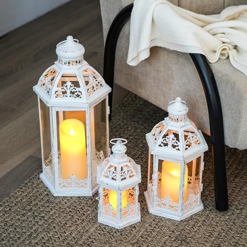 TRIROCKS Large Set of 3 Decorative Lanterns 19''&13.5''&9.5" H Vintage Hanging Lantern Metal Candle Lanterns with Tempered Glass for Indoor Outdoor Home Decor Parties Garden(White with Grey Brush) - Image 4