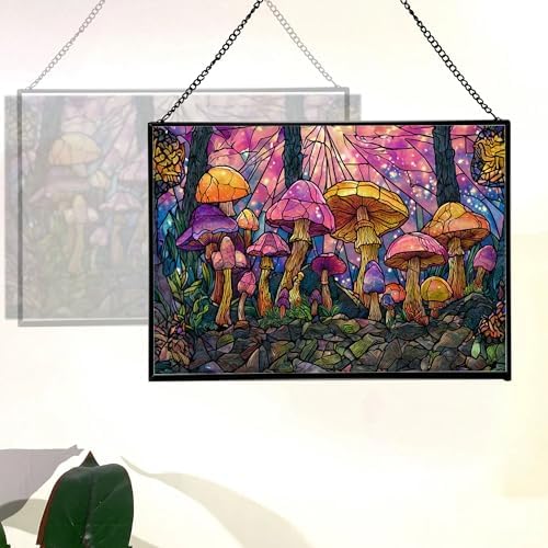 Rainbow-Colored Mushroom Cluster Rectangular Stained Glass Suncatcher – Hanging Window Panel with Animal & Nature Scene – Vibrant Glass Art Gift for Wildlife, Fantasy, Nature Lovers kE49ZM - Image 3