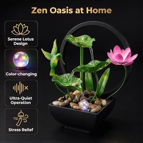 Tabletop Fountain,Indoor Water Fountain,Home Fengshui Décor Zen Relaxation Soothing Sound Machine for Office,Living Room,or Bedroom,Green Lotus,Hummingbird & Pink Flower,10.2inch - Image 4