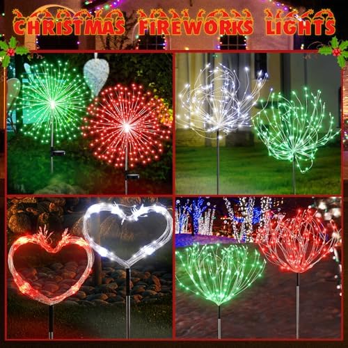 Tujoe 9 Pcs Christmas Solar Firework Stake Lights 180 LED 8 Modes Solar Waterproof LED Sparkler Lights Outdoor Decoration for Garden Patio Yard Pathway Walkway Lawn (Red Green White) - Image 6