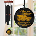 Personalized Motorcycle Memorial Wind Chime – “Riding with The Angels” Gold Cruiser with Wings and USA Flag – Custom Name & Years, Biker Remembrance Gift, Sympathy Decor for Loss of Loved One by AlpadilCo