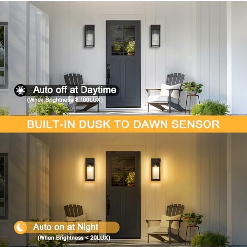 Porch Lights with Outlet, Dusk to Dawn Outdoor Light, 2-Pack Black - Image 2