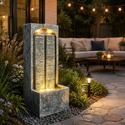 39" Outdoor Water Fountain, Modern LED Resin Water Wall Feature - Image 7