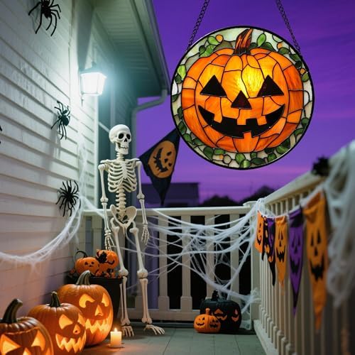 Stained Glass Window Hanging, Halloween Pumpkin Suncatcher, 11.8" Jack-o'-Lantern Ornament & Garden Decor, Christmas Stocking Stuffer, Birthday for Women Mom Grandma Nana - Image 3