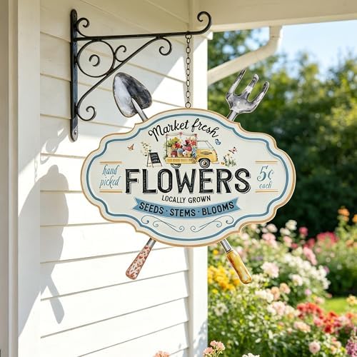 Vintage Metal Garden Sign with Shovel & Fork Decor "Market Fresh Flowers" Rustic Farmhouse Wall Decor for Outdoor Garden Patio Yard 17.5"L (Flower) - Image 5