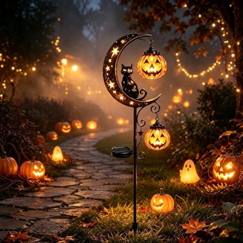 Solar Halloween Black Cat Pumpkin Stake Light Bats Stars Moon for Yard - Image 6