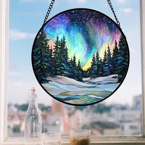 Aurora Landscape Stained Glass Window Hanging Suncatcher Xmas Gifts 15" - Image 2