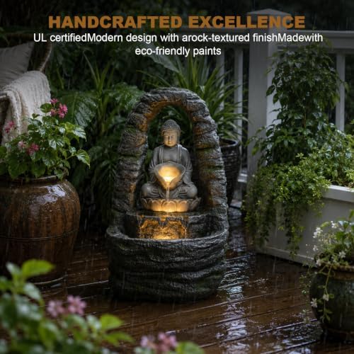 27.2" H Outdoor Water Fountain with LED Lights, Buddha Design Cascading Water Feature for Zen Garden Patio Backyard Porch Decor - Image 6