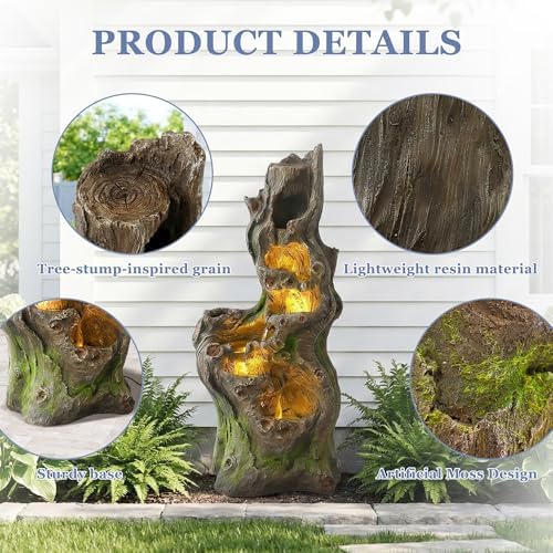 Grepatio Outdoor 6 Tier Cascading Water Fountain, 40" H Water Feature Fountain with 5 LED Lights, Large Outdoor Water Fountain with Realistic Tree Trunk Look for Garden Patio Backyard - Image 3