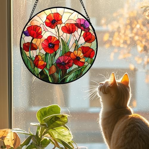 Red Poppy Flower Stained Glass Window Hanging Suncatcher Gifts for Mom 15" - Image 2